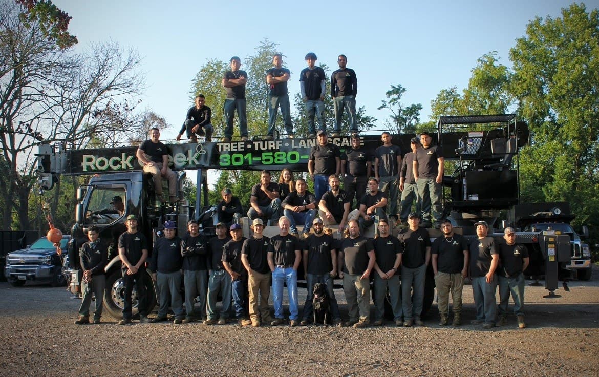 The full Rock Creek Tree, Turf & Landscape crew standing together with their branded crane truck in Rockville, Maryland